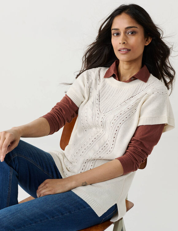 Pull-tunique sans manches, maille fantaisie (&eacute;cru)