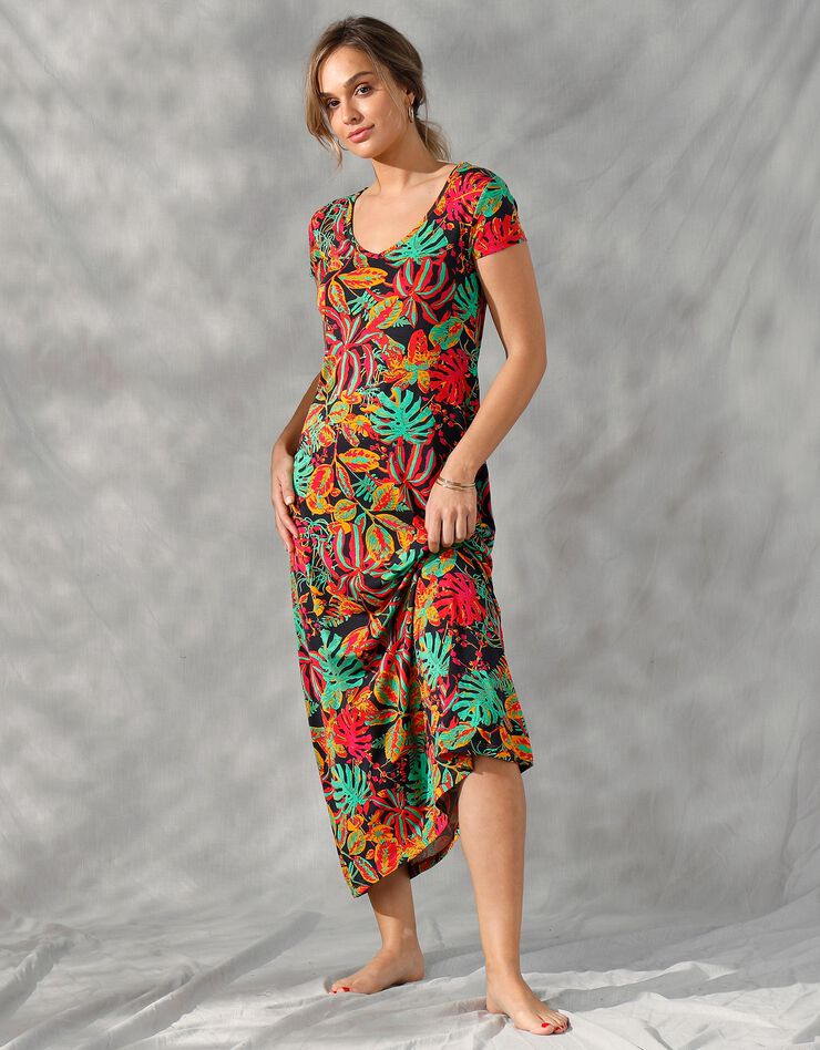 Robe longue manches courtes, maille imprimée (noir / vert)