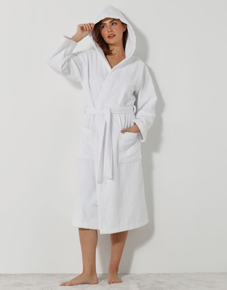Peignoir mixte adulte col capuche éponge bouclette (blanc)