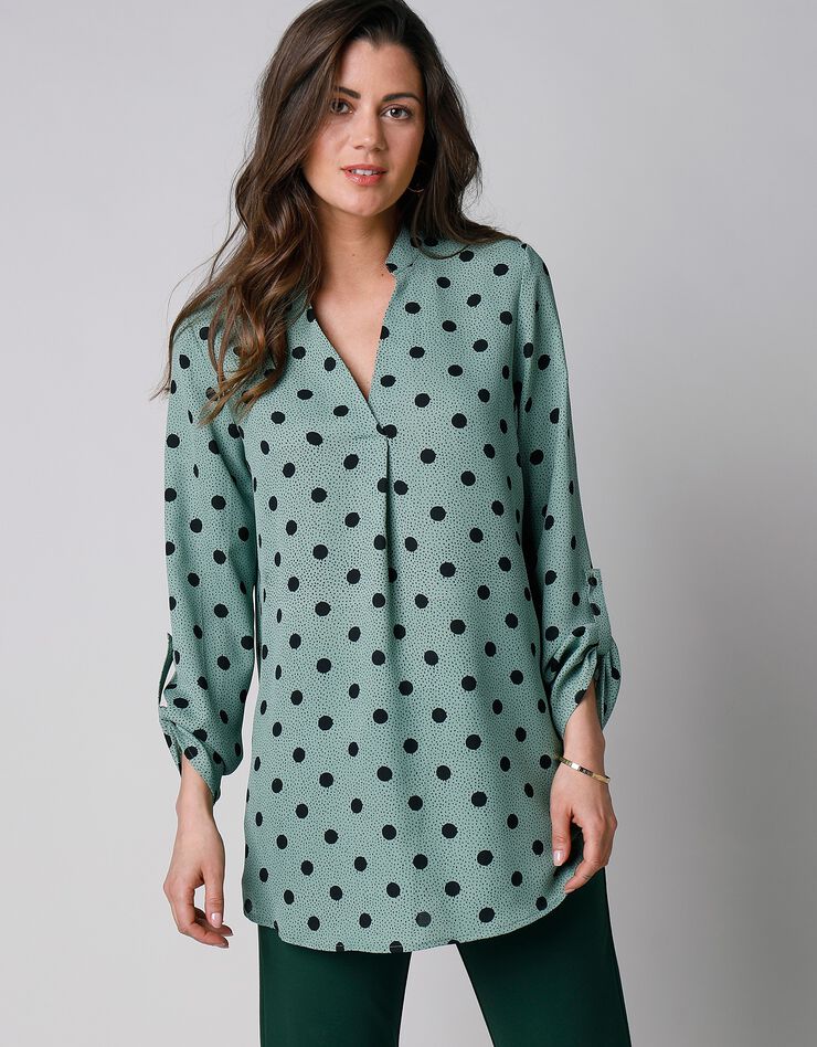 Blouse imprimé pois col tunisien, crêpe (vert / marine) Blouse imprimé pois col tunisien, crêpe (vert / marine)