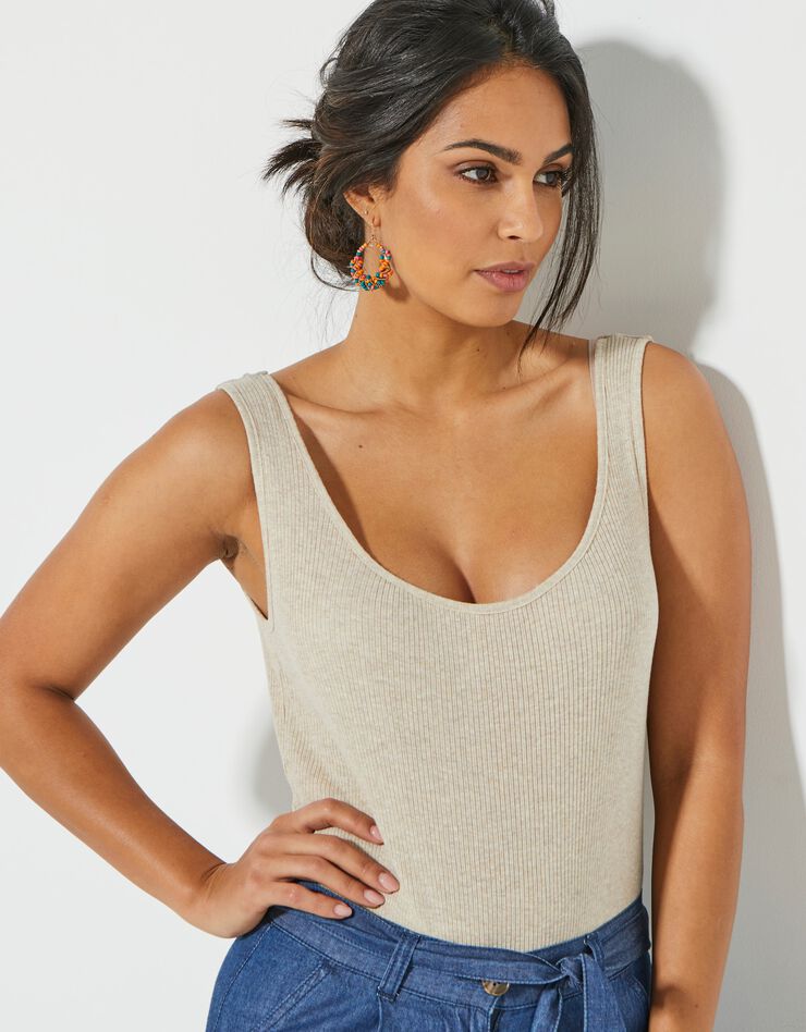 Body col rond sans manches, maille côtelée (beige chiné) Body col rond sans manches, maille côtelée (beige chiné)