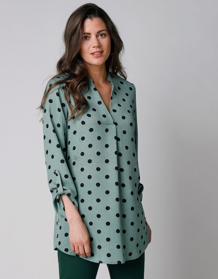 Blouse imprimé pois col tunisien, crêpe (vert / marine) Blouse imprimé pois col tunisien, crêpe (vert / marine)