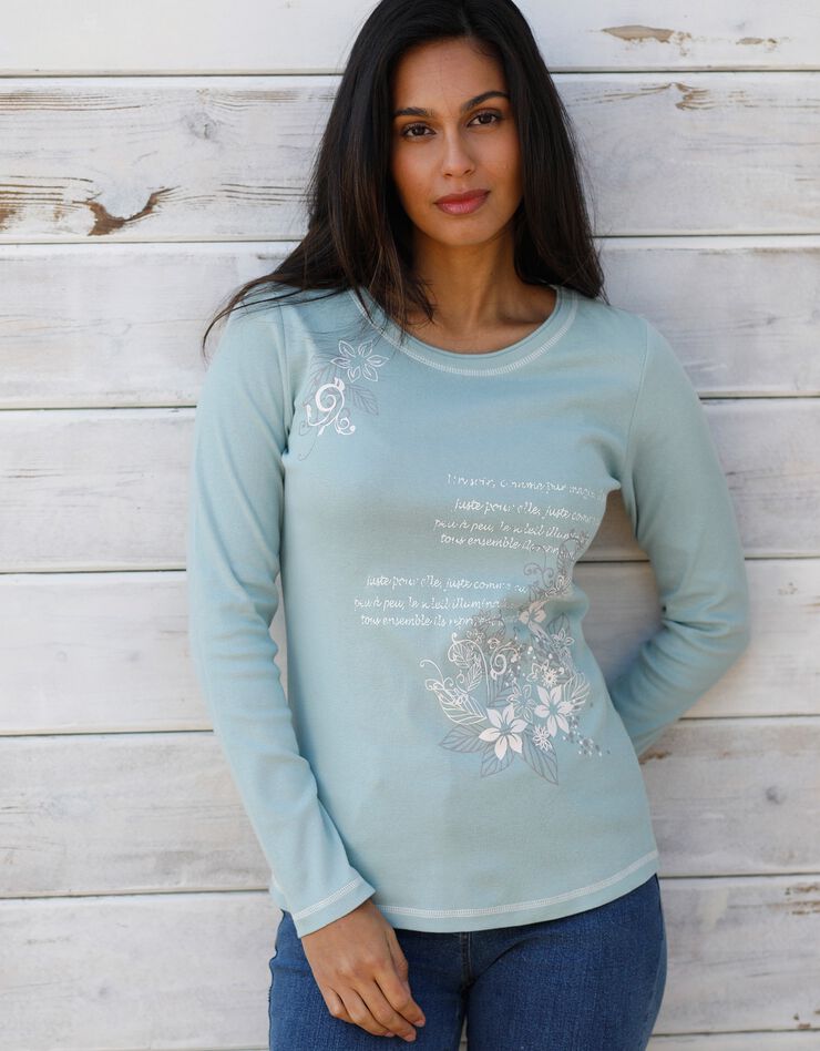 Tee shirt manches longues imprimé fleuri (vert grisé) Tee shirt manches longues imprimé fleuri (vert grisé)