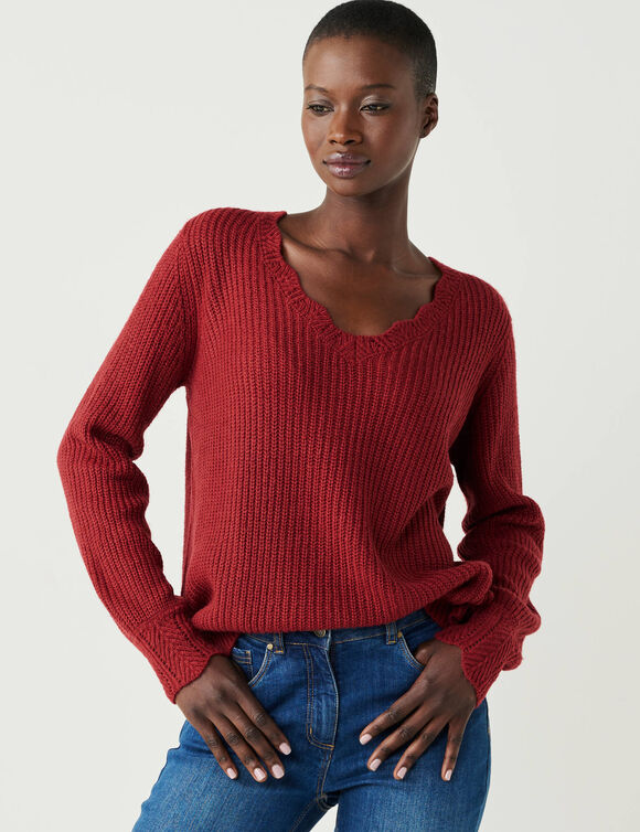 Pull col V, maille anglaise (grenat)