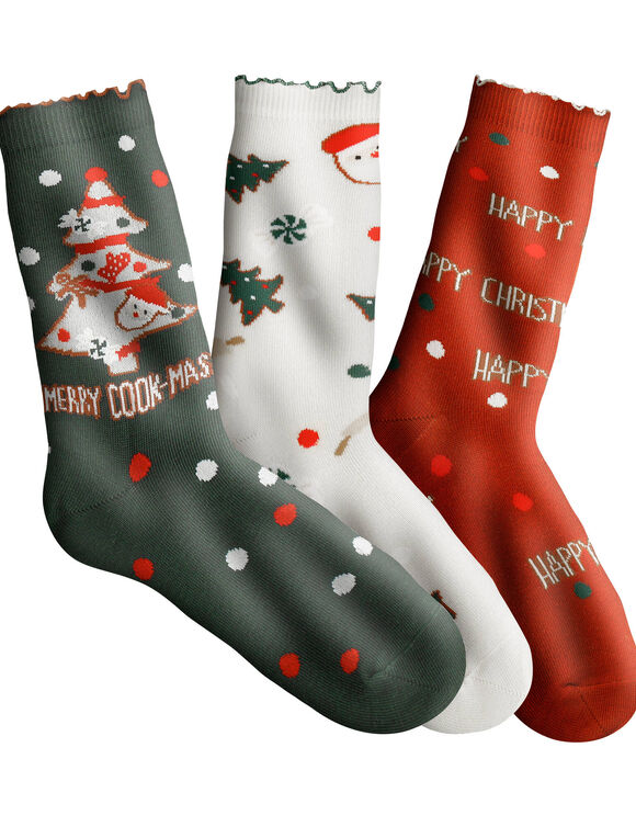 Chaussettes imprim&eacute; No&euml;l - lot de 3 paires (vert / caramel)
