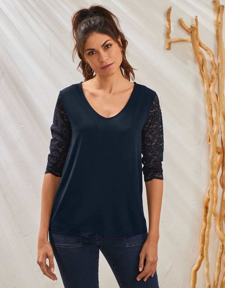 Tee-shirt dentelle col V manches 3/4 (marine) Tee-shirt dentelle col V manches 3/4 (marine)