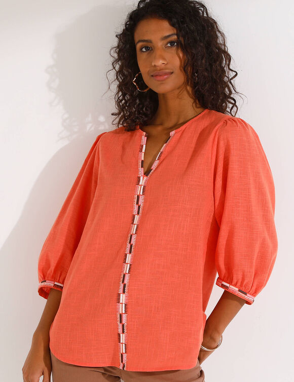 Blouse brodée en coton unie, manches 3/4 (corail)