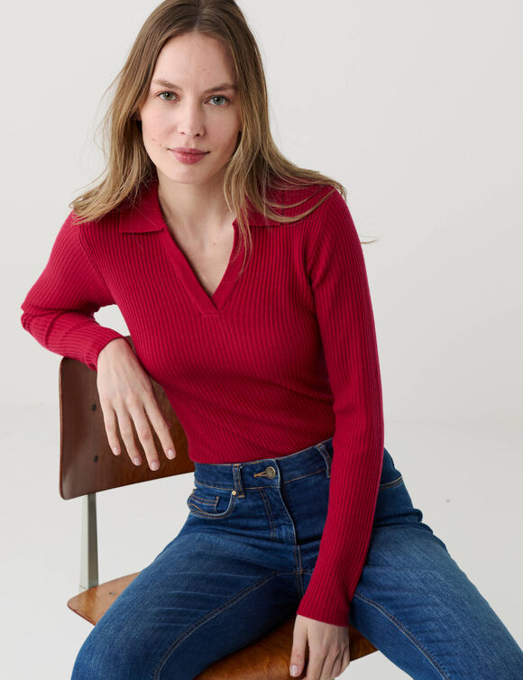 Pull col polo, maille c&ocirc;tel&eacute;e (violine)