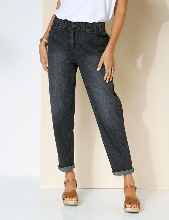 Jean stretch coupe mom confort, taille élastiquée (noir)