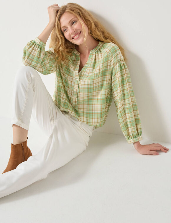 Blouse imprimée carreaux flanelle, manches 7/8 (vert / écru)