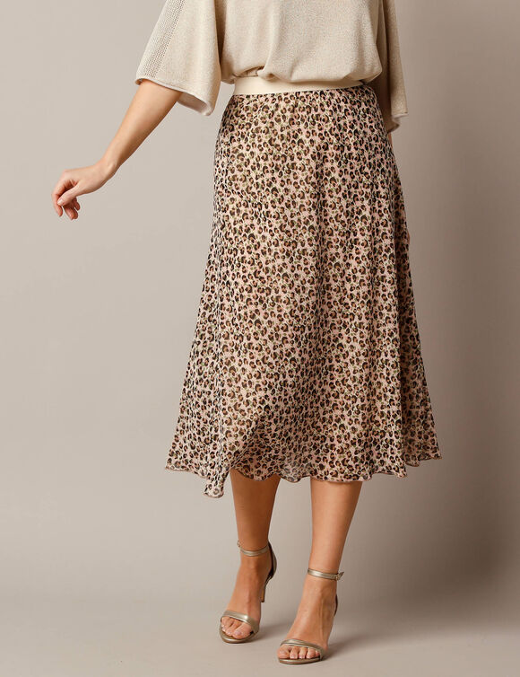 Jupe longue évasée, voile imprimé peau de bête (beige)