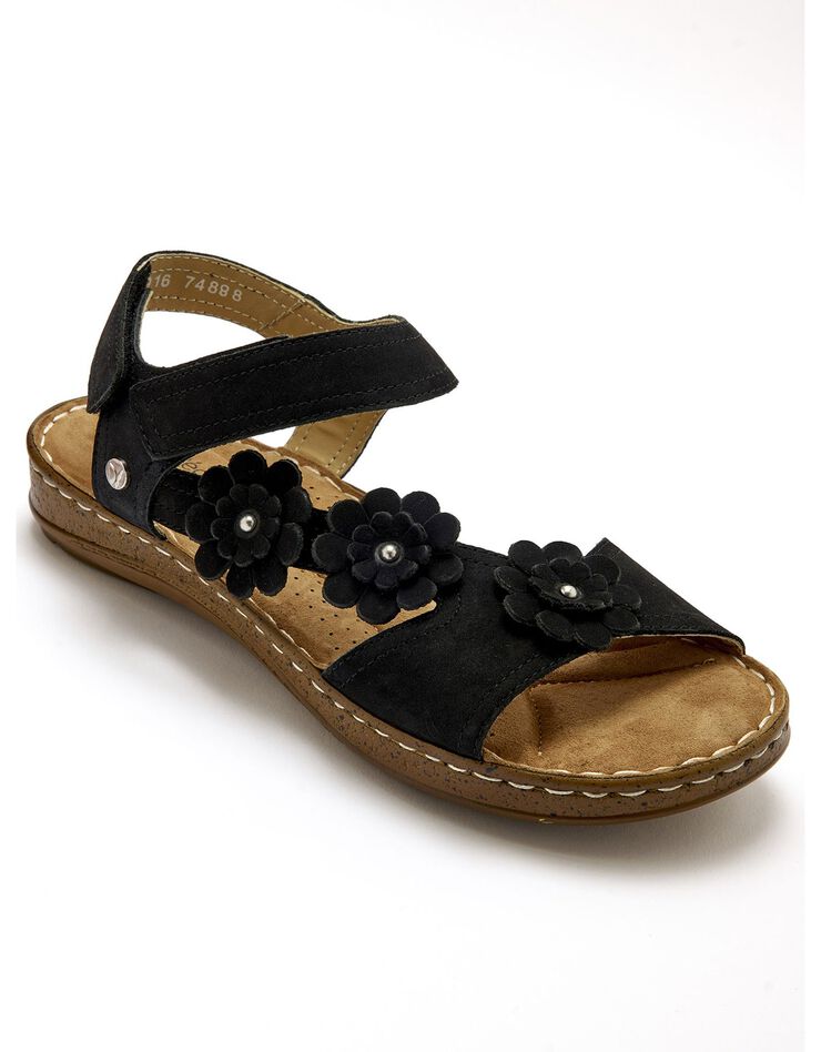 Sandales scratchées à fleurs, cuir velours (noir) Sandales scratchées à fleurs, cuir velours (noir)