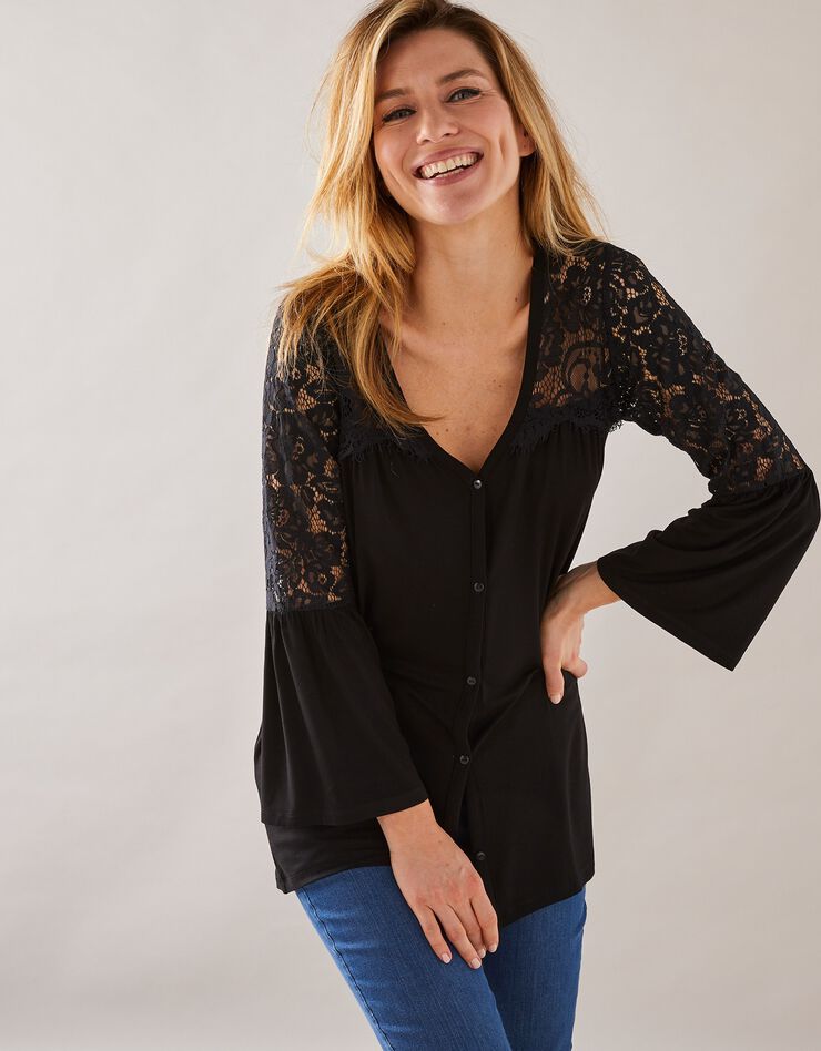 Tee-shirt boutonné manches 3/4 dentelle (noir)