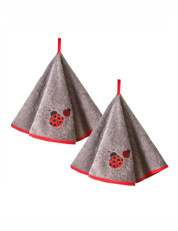 Torchons ronds éponge brodée coccinelle - lot de 2 (gris)