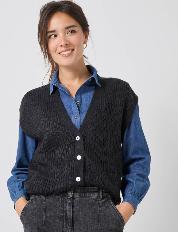 Gilet boutonné sans manches, maille anglaise (noir)