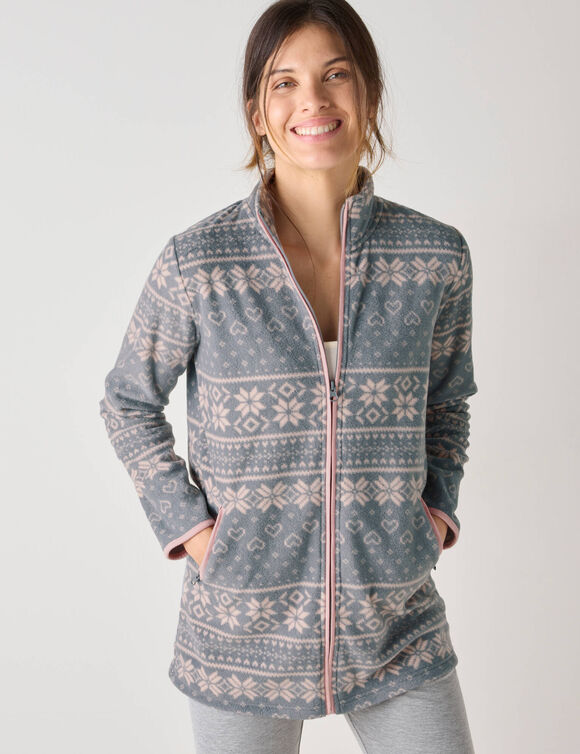 Veste zippée maille polaire imprimée (gris / rose)