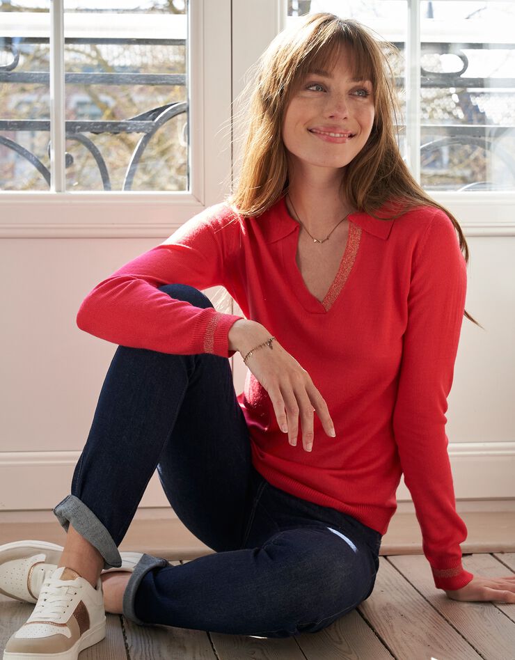 Pull col polo détails brillants, toucher cachemire (cerise) Pull col polo détails brillants, toucher cachemire (cerise)