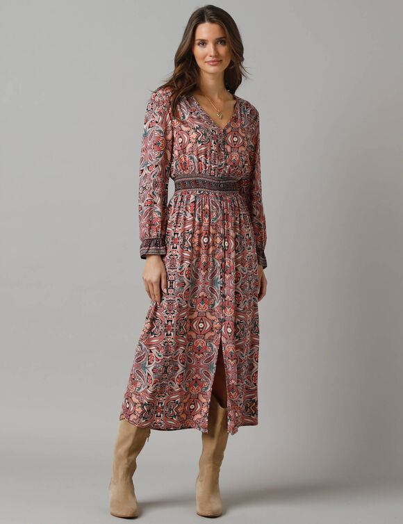 Robe longue boutonnée imprimée, taille smockée (multicolore)