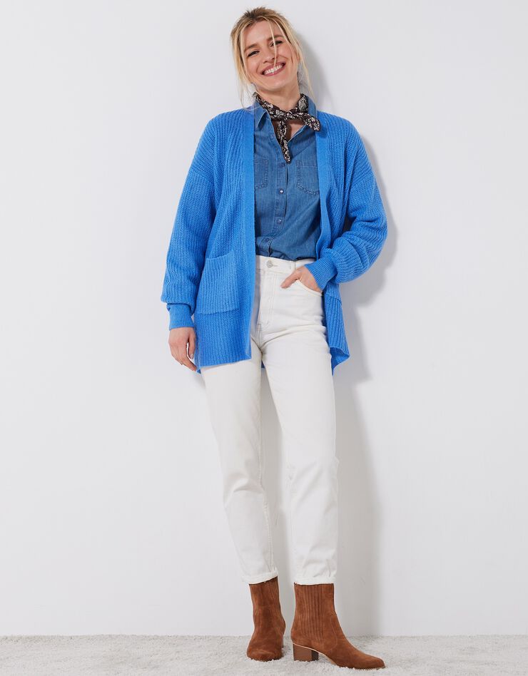 Gilet long porter ouvert, maille anglaise toucher mohair (bleu lavande)