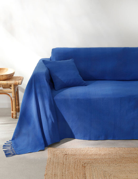   Plaid ou jet&eacute; uni coton tissage artisanal (bleu)