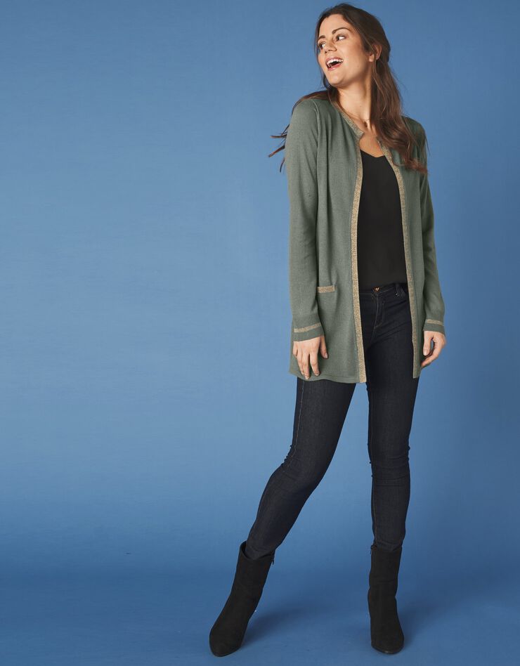 Gilet long toucher cachemire détails brillants (kaki) Gilet long toucher cachemire détails brillants (kaki)