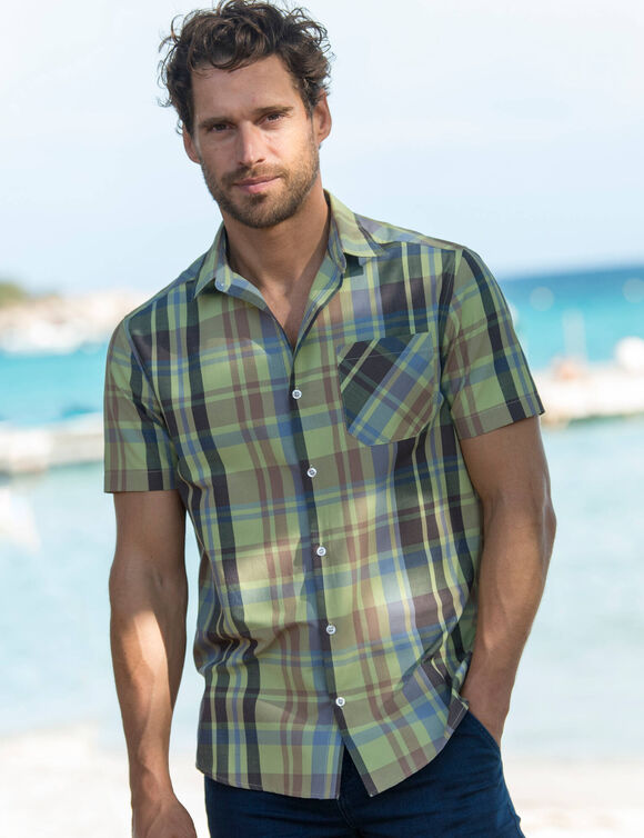  Chemise grands carreaux manches courtes polycoton (bleu / vert)