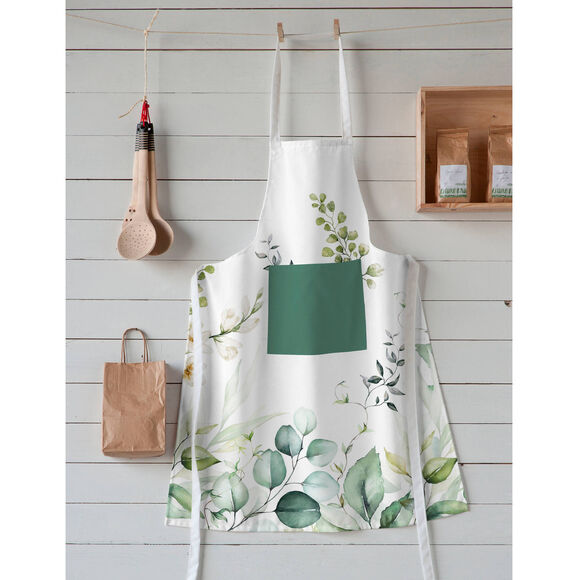 Tablier bavette motif feuillage  (blanc / vert)