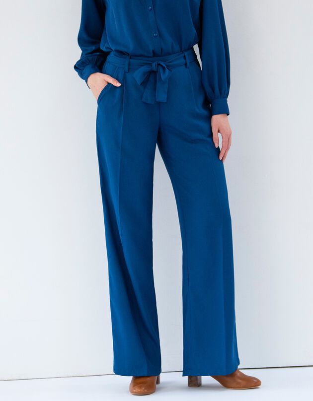 Pantalon large fluide, taille ceinturée, uni   (bleu)