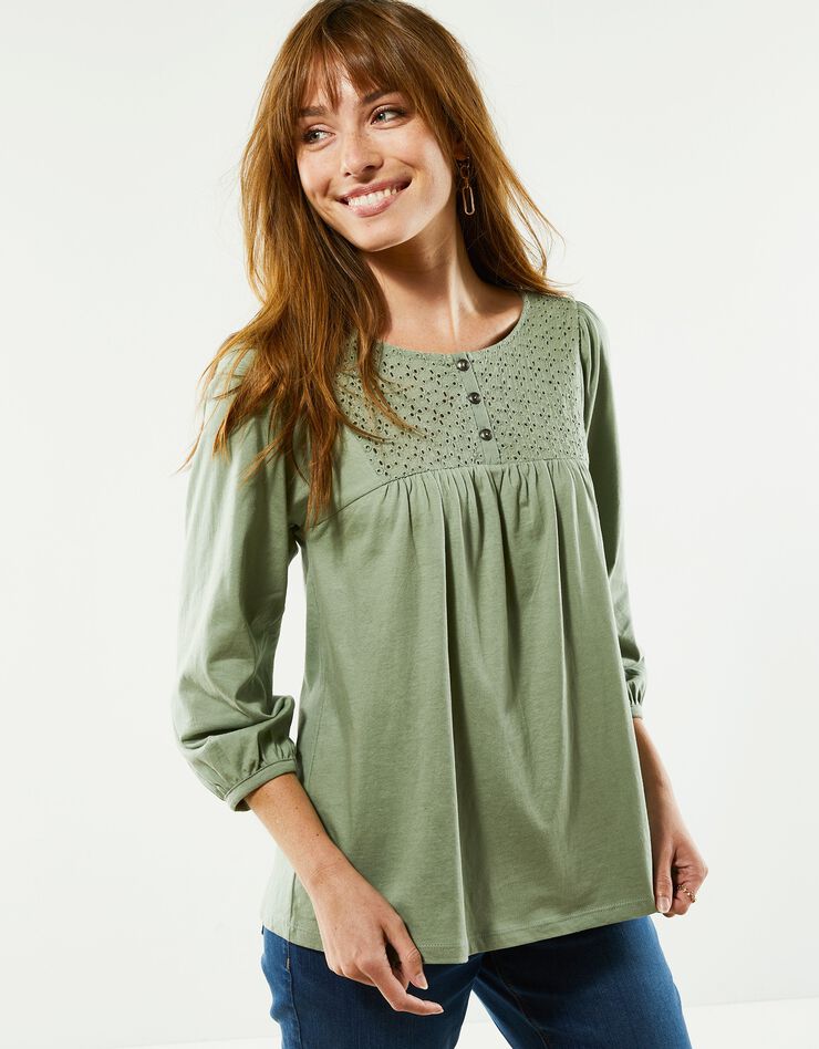 Tee-shirt manches 3/4, empiècement broderie anglaise (vert grisé) Tee-shirt manches 3/4, empiècement broderie anglaise (vert grisé)