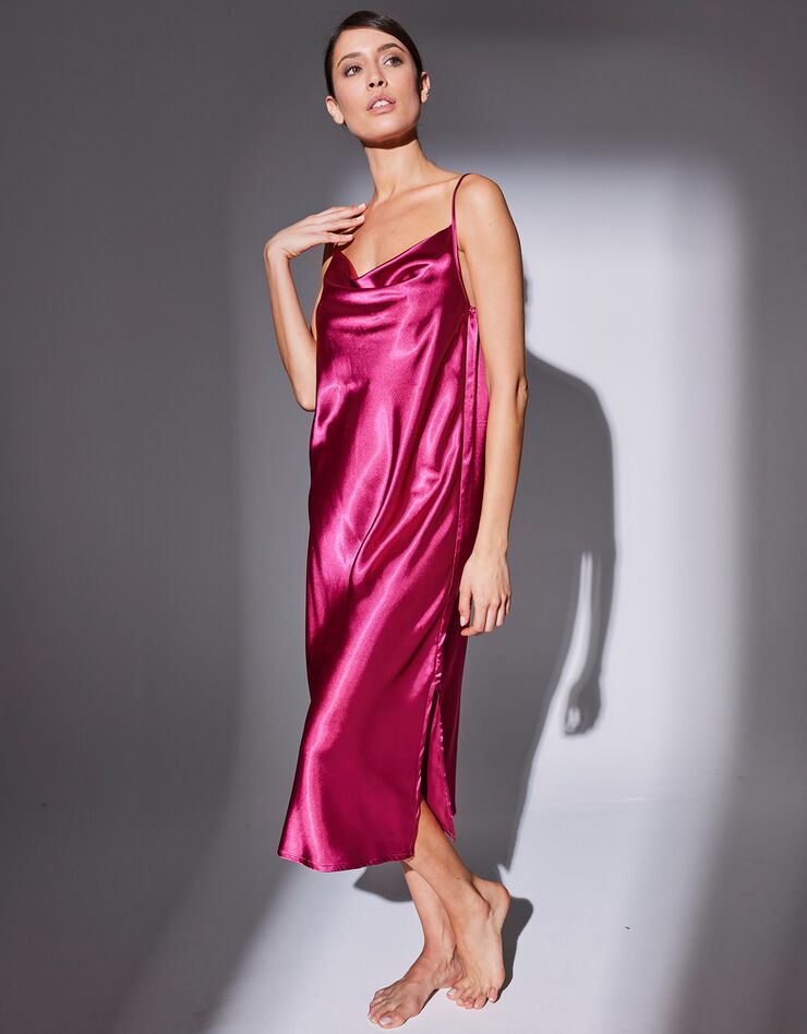 Nuisette longue satin et dentelle - col bénitier (framboise)