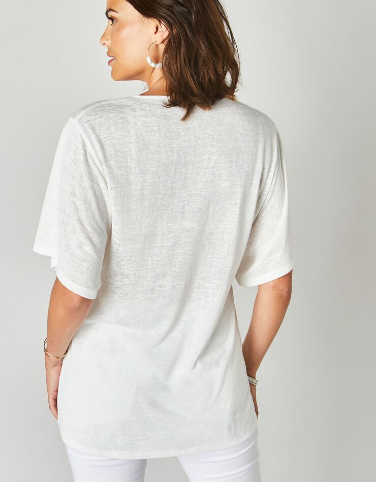 Tee-shirt col V macramé, effet lin (blanc) Tee-shirt col V macramé, effet lin (blanc)