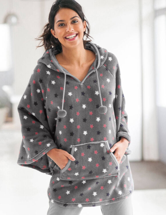 Poncho &agrave; capuche, maille polaire toucher peluche (gris / rose)