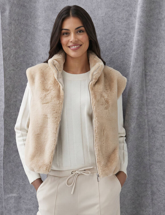 Veste sans manches zipp&eacute;e, mati&egrave;re duveteuse (beige)