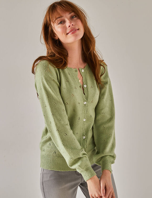 Gilet boutonn&eacute; finition &eacute;cailles, maille pointelle toucher doux (vert d'eau)