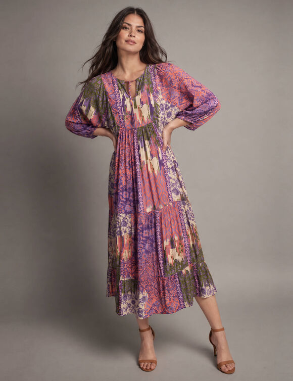 Robe longue imprim&eacute;e, cr&eacute;pon (prune / kaki)