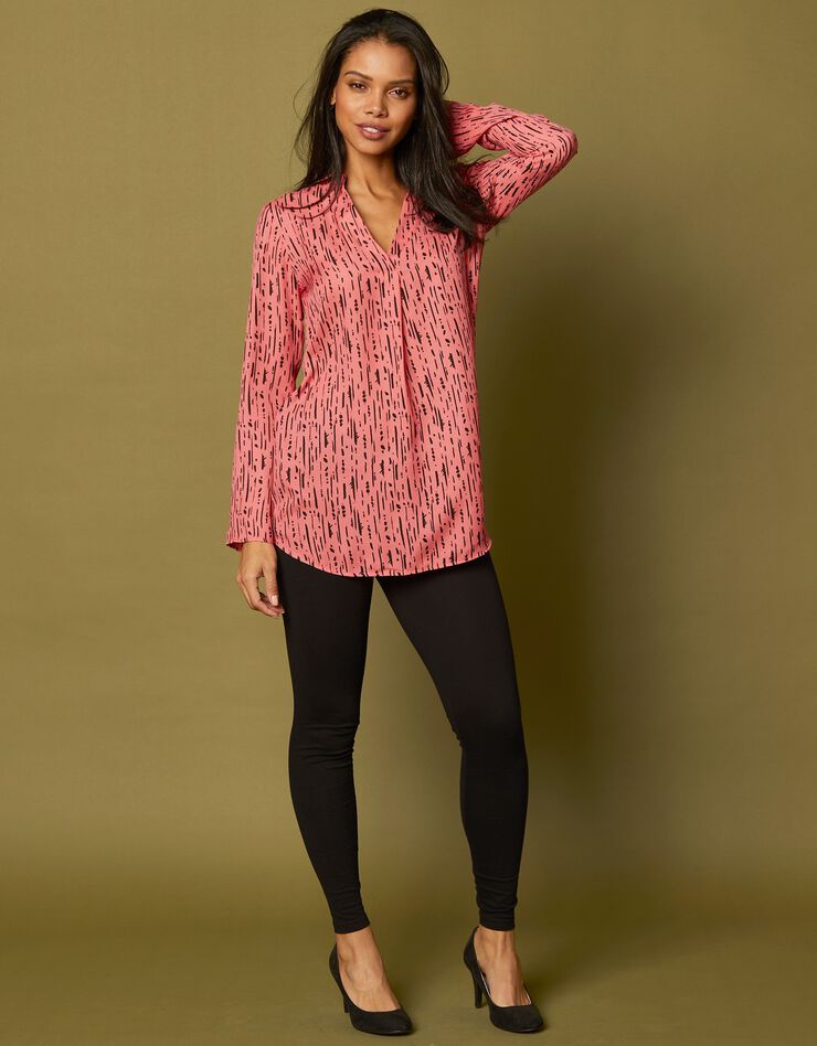 Blouse imprimé graphique col tunisien, crêpe (corail / noir) Blouse imprimé graphique col tunisien, crêpe (corail / noir)