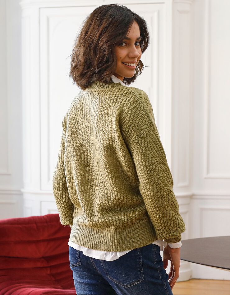 Pull maille fantaisie manches blousantes - col rond (vert mousse) Pull maille fantaisie manches blousantes - col rond (vert mousse)