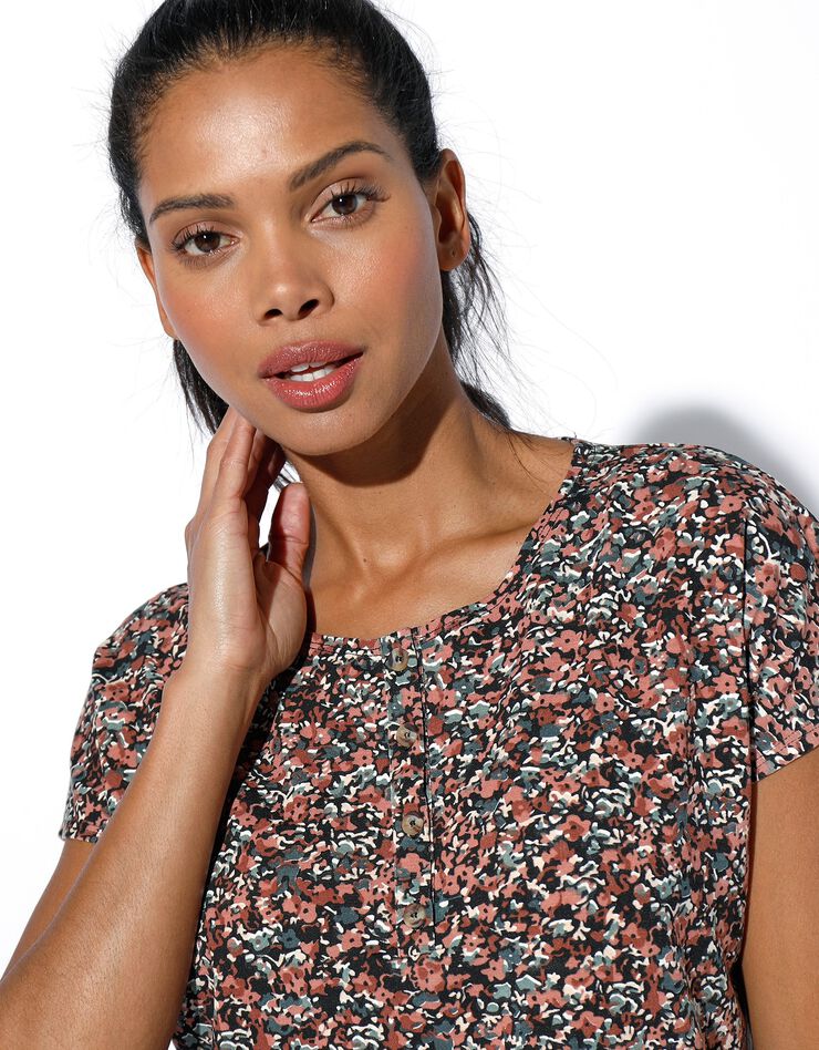 Tee-shirt col tunisien imprimé, maille fluide (bronze / bois de rose) Tee-shirt col tunisien imprimé, maille fluide (bronze / bois de rose)