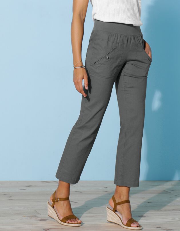 Pantalon coupe droite 7/8ème taille élastiquée, lin coton (bronze)