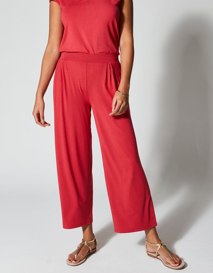 Pantalon large 7/8ème taille élastiquée maille fluide unie (rouge)