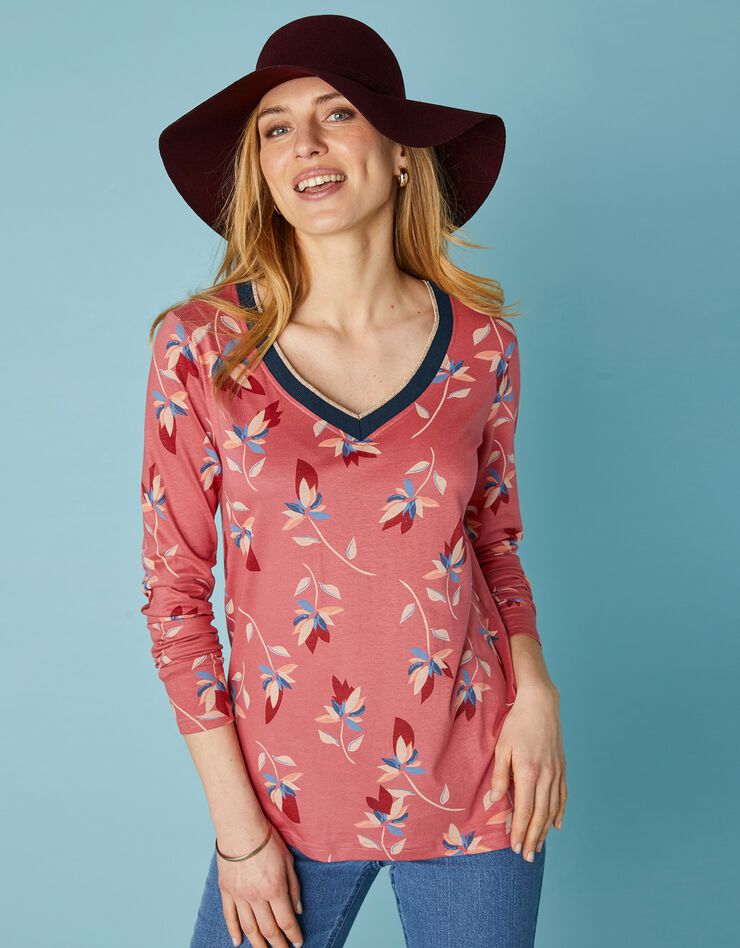 Tee-shirt col V biais doré imprimé fleurs (terracotta / beige) Tee-shirt col V biais doré imprimé fleurs (terracotta / beige)