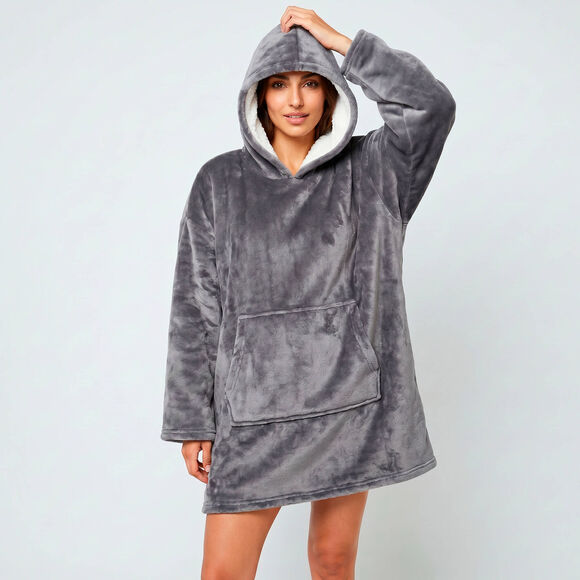 Plaid-sweat polaire &agrave; capuche doubl&eacute; sherpa (gris)