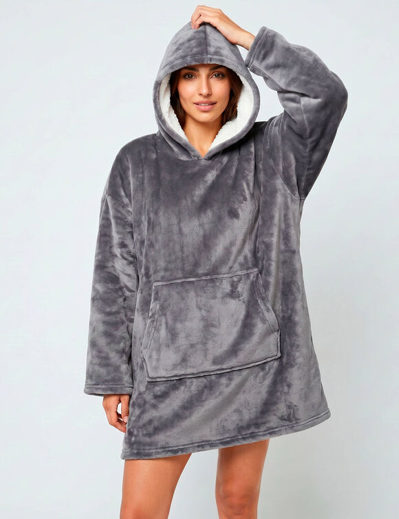 Plaid-sweat polaire &agrave; capuche doubl&eacute; sherpa (gris)