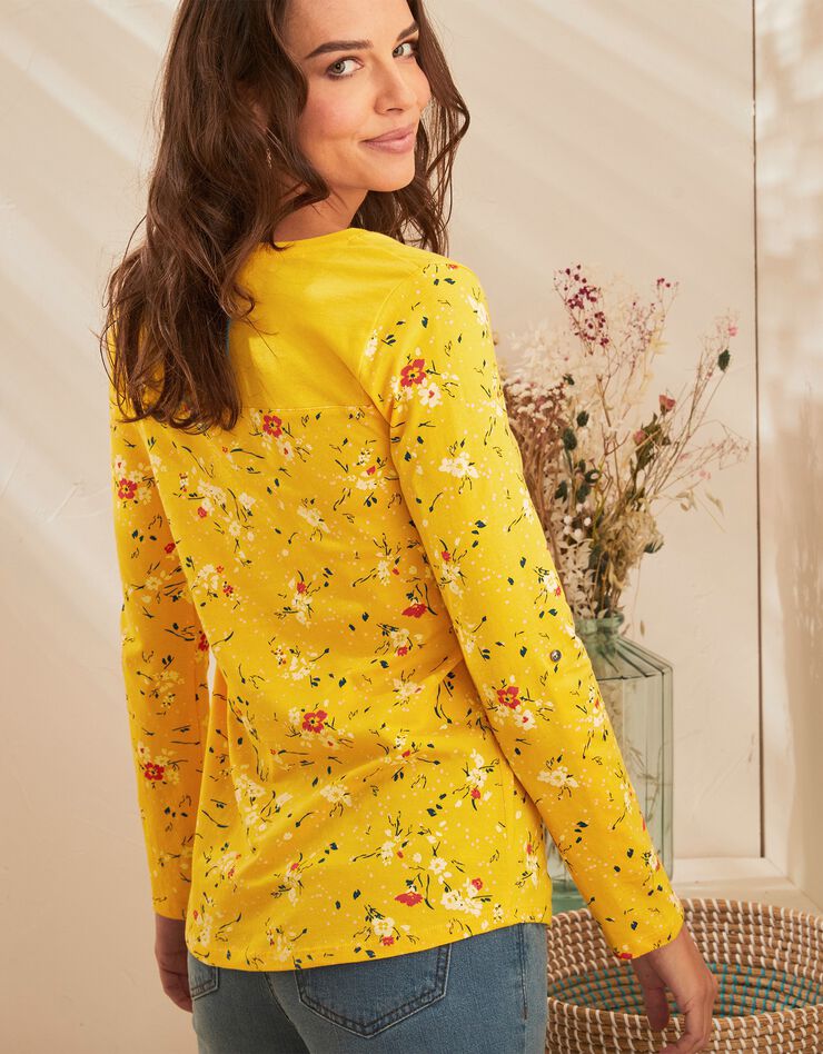 Tee-shirt col tunisien manches longues imprimé fleuri (safran) Tee-shirt col tunisien manches longues imprimé fleuri (safran)