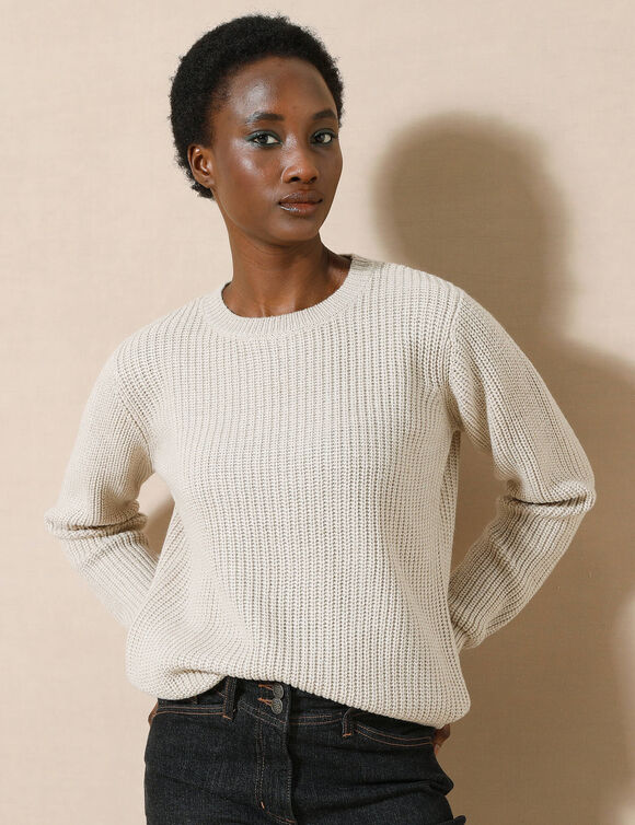 Pull col rond maille anglaise (beige chin&eacute;)