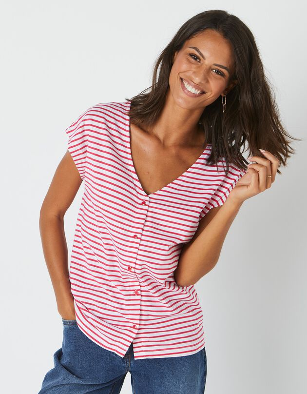 Tee-shirt col V boutonné rayé, spécial petites (rouge / blanc)