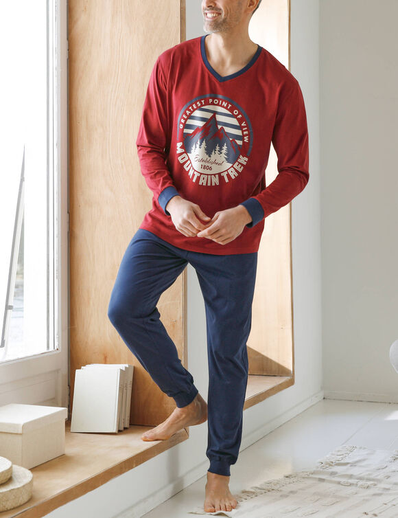 Pyjama pantalon jersey, col V contrast&eacute; (brique / marine)