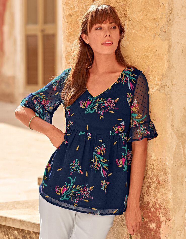 Blouse plumetis imprimée col V biais doré (marine) Blouse plumetis imprimée col V biais doré (marine)