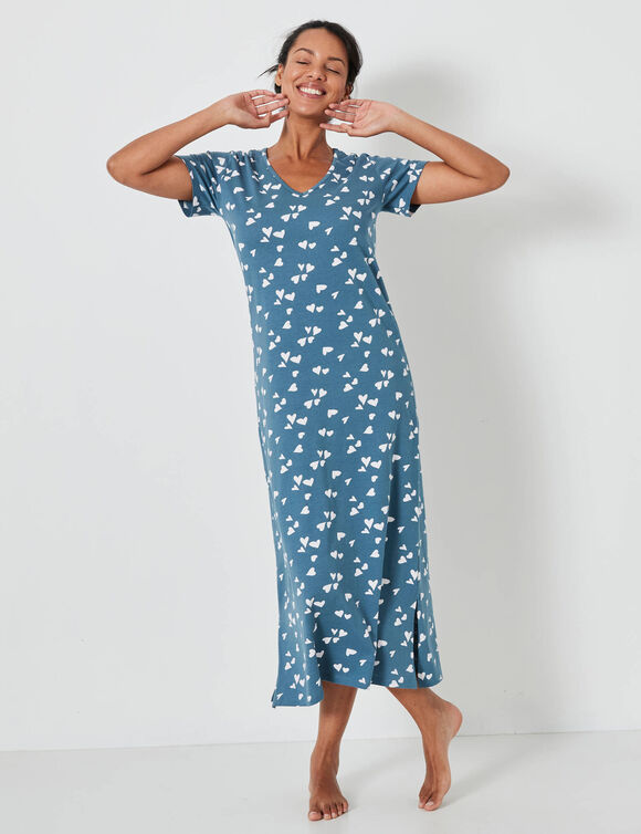 Chemise de nuit longue imprimée "cœurs" (émeraude / blanc)