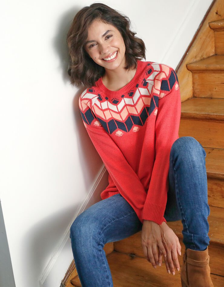 Pull décolleté jacquard (corail / marine) Pull décolleté jacquard (corail / marine)